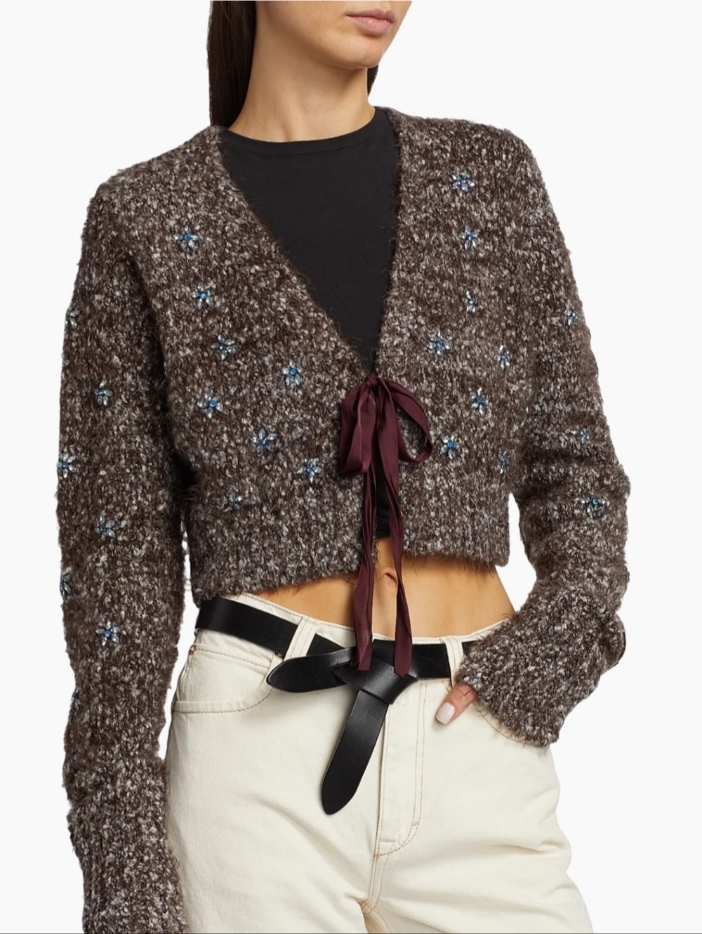 Free People Twinkle Crystal-Embellished Cropped Tie-Front Cardigan